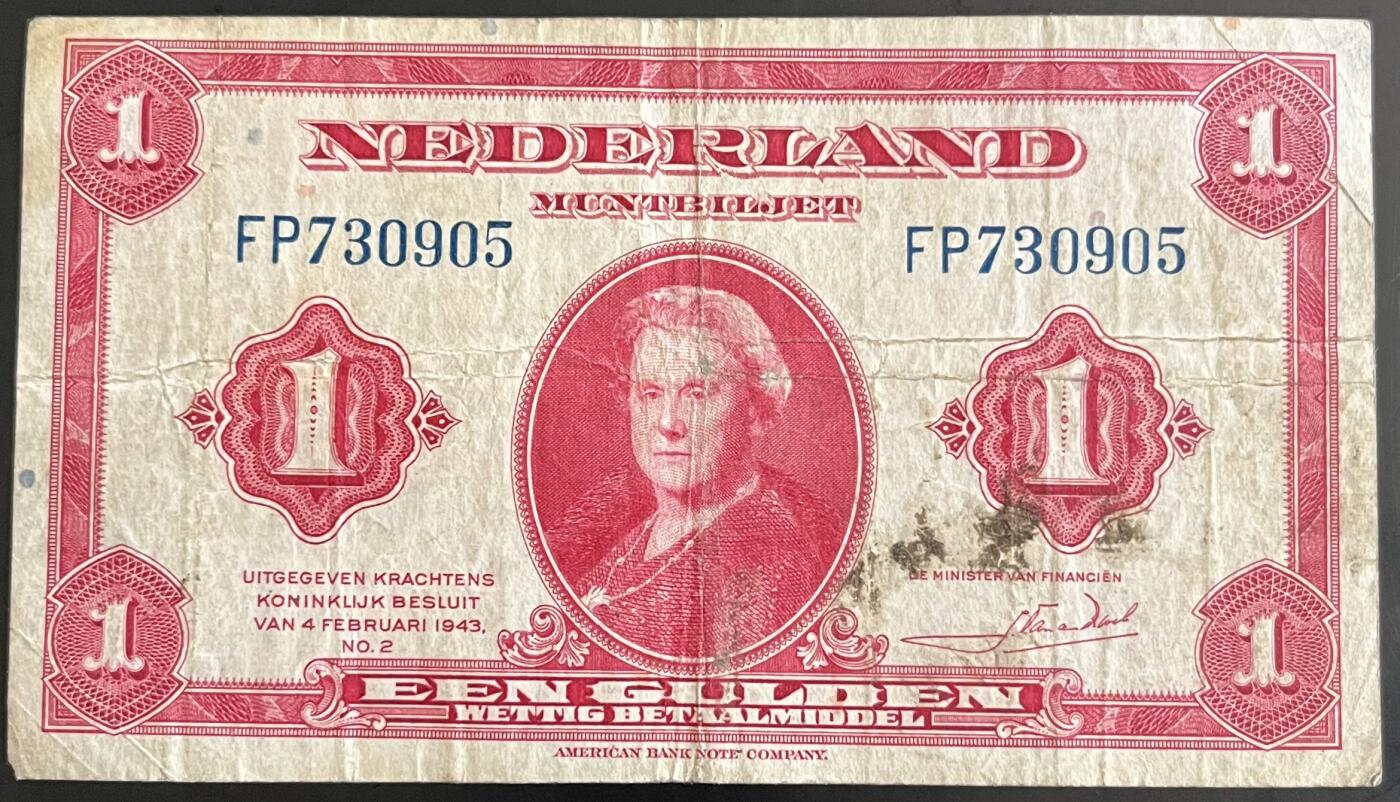 小福收藏拍卖第202期 流通品相裸钞 特惠场 本场全部为欧洲纸币【佣金仅收2% 不设最低佣金 全场包邮】 荷兰 1943年 1盾