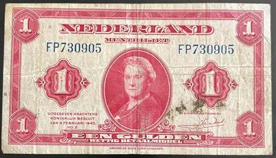 小福收藏拍卖第202期 流通品相裸钞 特惠场 本场全部为欧洲纸币【佣金仅收2% 不设最低佣金 全场包邮】 - 荷兰 1943年 1盾