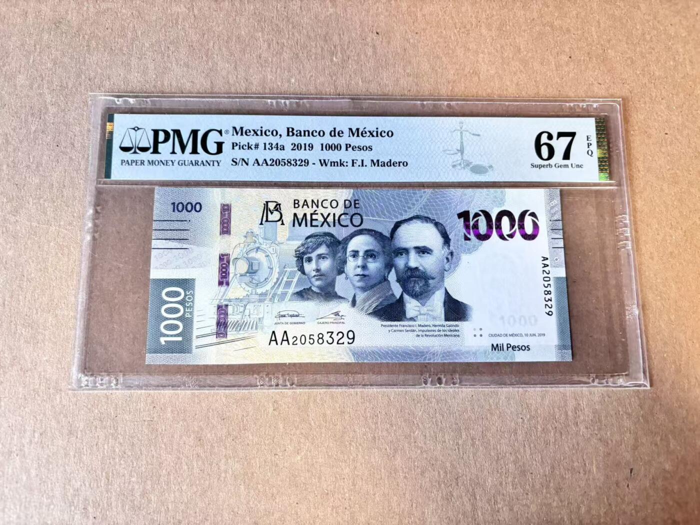 (800期大拍拍品火热征集中🔥）【Blue Auction】世界纸币精拍第790期——18级TOP拍卖/信誉/品质/专业/高效💫   【AA无47】墨西哥 2019年1000比索 PMG67EPQ