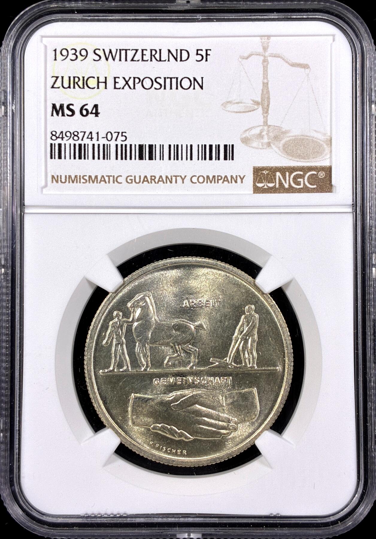 【雨安】【直播拍卖】【第0126期-评级币章】2026-03-07 周六 19:30 (金价1176, 银价22.16) [评级欧洲] Switzerland 瑞士 5法郎 1939年 苏黎世博览会 KM# 43  NGC-MS64