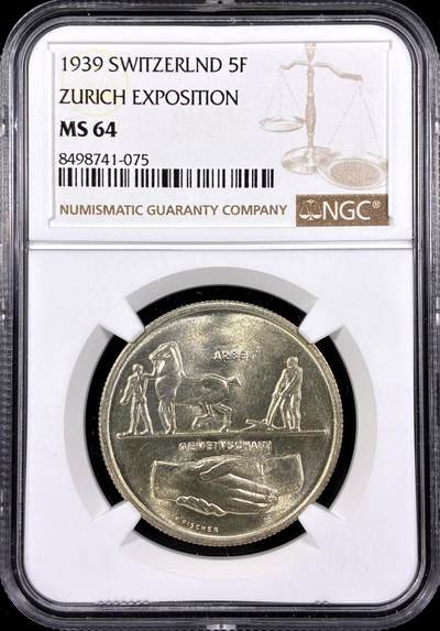 【雨安】【直播拍卖】【第0126期-评级币章】2026-03-07 周六 19:30 (金价1176, 银价22.16) - [评级欧洲] Switzerland 瑞士 5法郎 1939年 苏黎世博览会 KM# 43  NGC-MS64