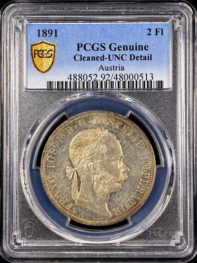 【雨安】【直播拍卖】【第0126期-评级币章】2026-03-07 周六 19:30 (金价1176, 银价22.16) - [评级欧洲] Austria 奥地利 2弗洛林 KM#2233 (1872-1892)  弗朗茨·约瑟夫一世 1891年  PCGS-UNC
