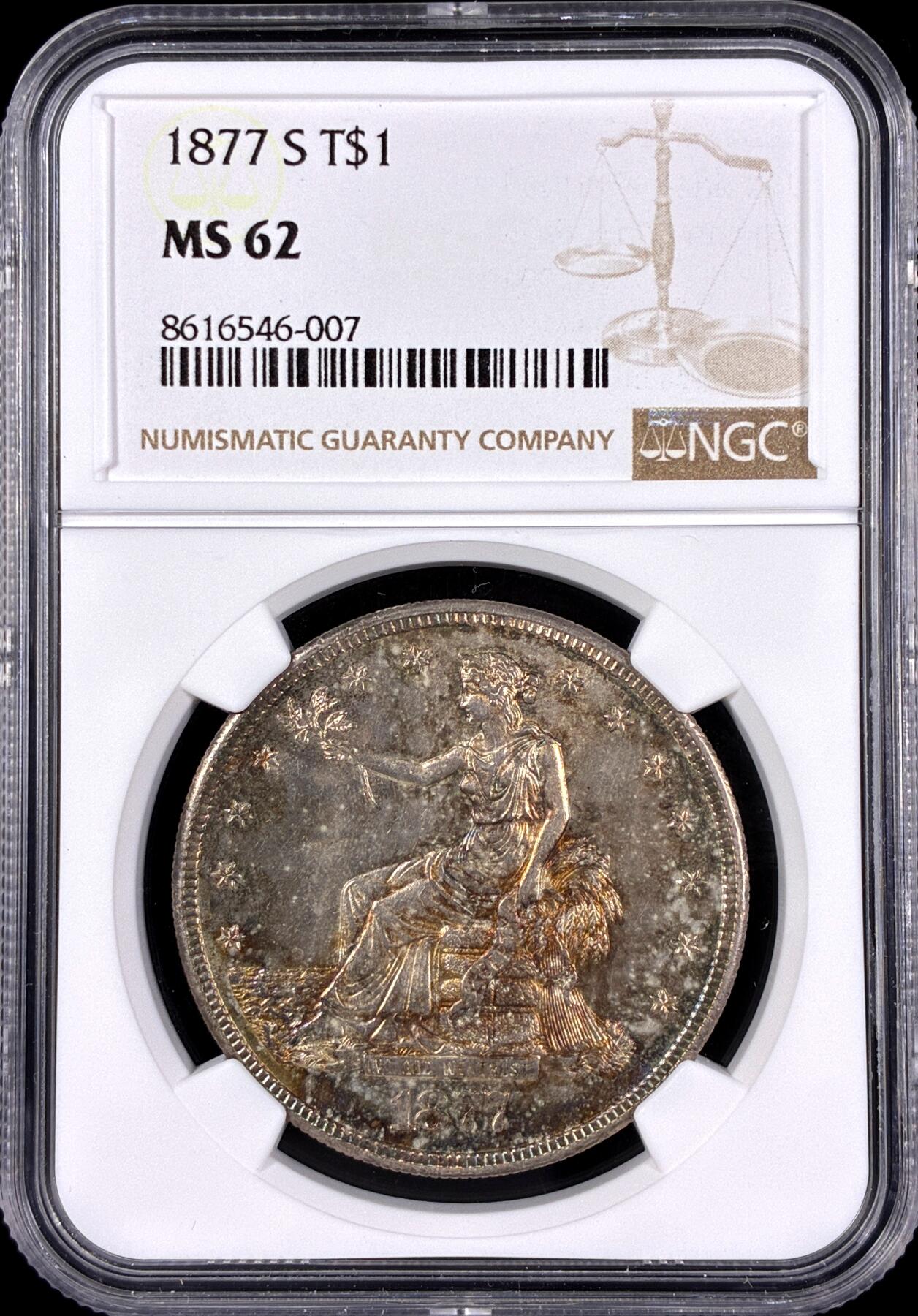 【雨安】【直播拍卖】【第0126期-评级币章】2026-03-07 周六 19:30 (金价1176, 银价22.16) [评级美洲] USA 美国 1美元 KM#0108 (1873-1885) 拿花 1877年S  NGC-MS62