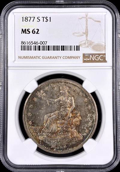 【雨安】【直播拍卖】【第0126期-评级币章】2026-03-07 周六 19:30 (金价1176, 银价22.16) - [评级美洲] USA 美国 1美元 KM#0108 (1873-1885) 拿花 1877年S  NGC-MS62