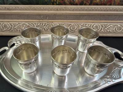 海外回流精品拍卖（五一专场） 法国回流老包银酒具一套（盘尺寸：24cmX13.7cm，酒杯：4cmX3.4cm）