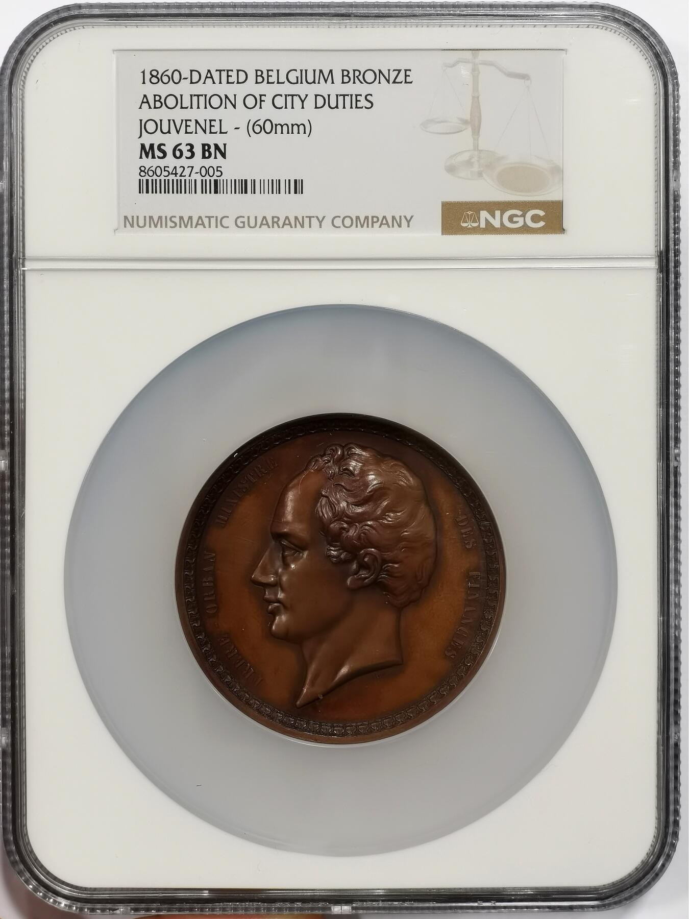 博洋堂世界钱币拍卖第163期（全场包邮） NGC MS63BN 比利时1860年废除城市税纪念大铜章