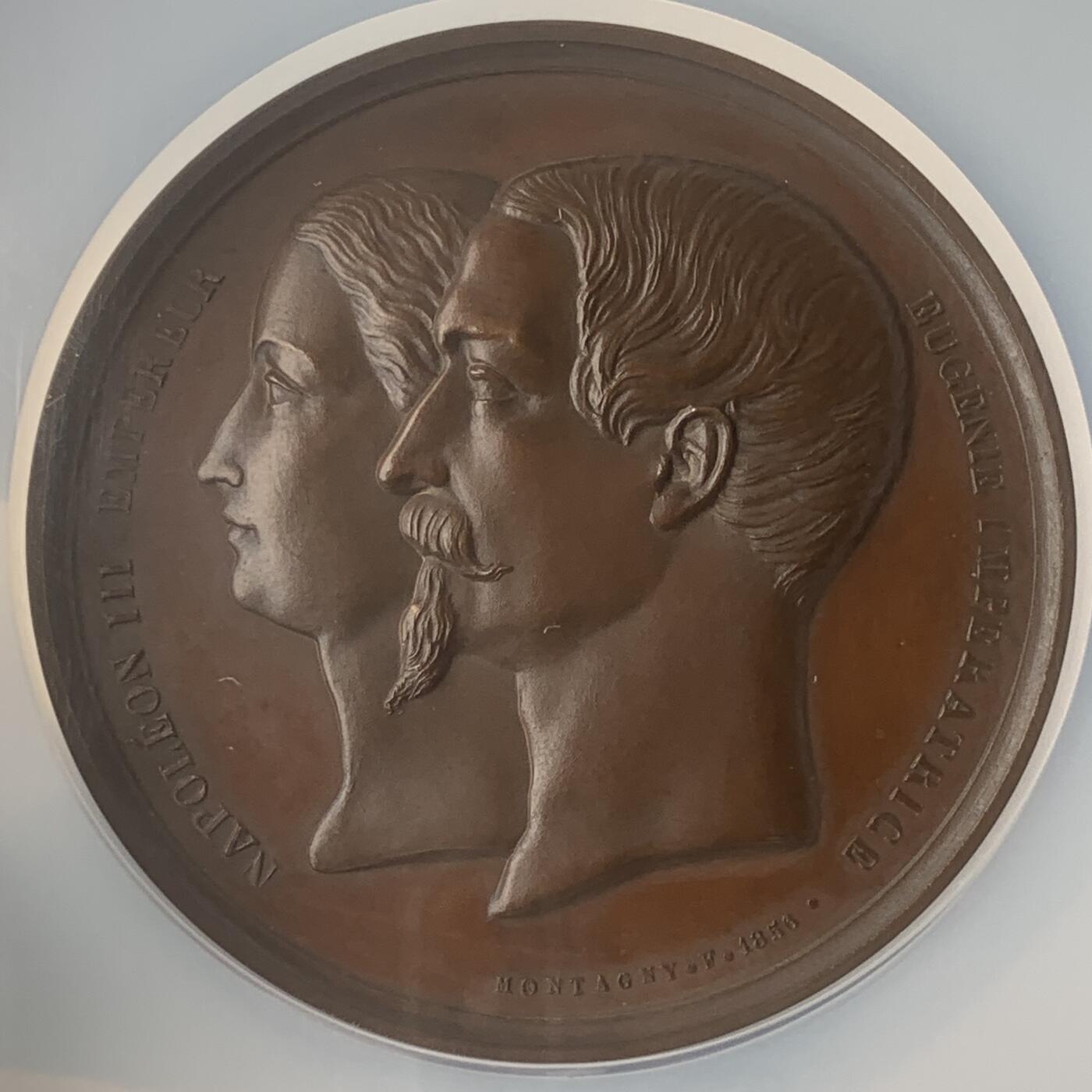 掌中浮雕-藏着的欧洲第053场 NGC MS63 : 1856年法兰西第二帝国王子诞生铜章，53mm，MONTAGNY雕刻