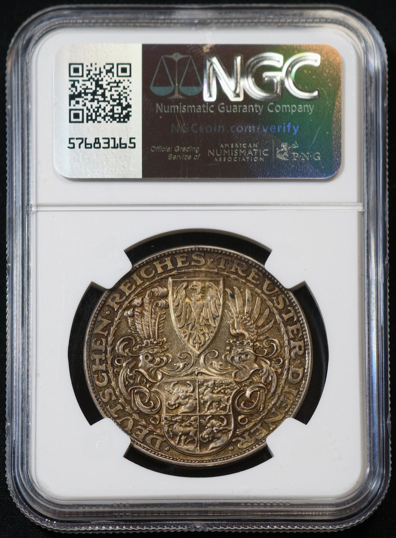 甄臻铺-世界币章拍卖（第53期），甄品场拍品征集中，送拍享返佣金等优惠多多 NGC-MS63  德国兴登堡80大寿五马克大银章，黄油包浆，未流通品相，压力足，D厂