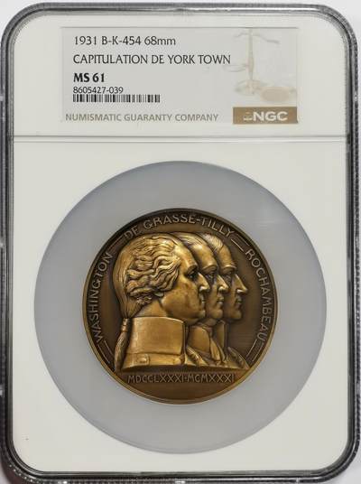 博洋堂世界钱币拍卖第163期（全场包邮） - NGC MS61 美国1931年约克镇受降150周年纪念大铜章，纪念美国独立战争中具有决定性意义的1781年约克镇围城战结束及英军投降