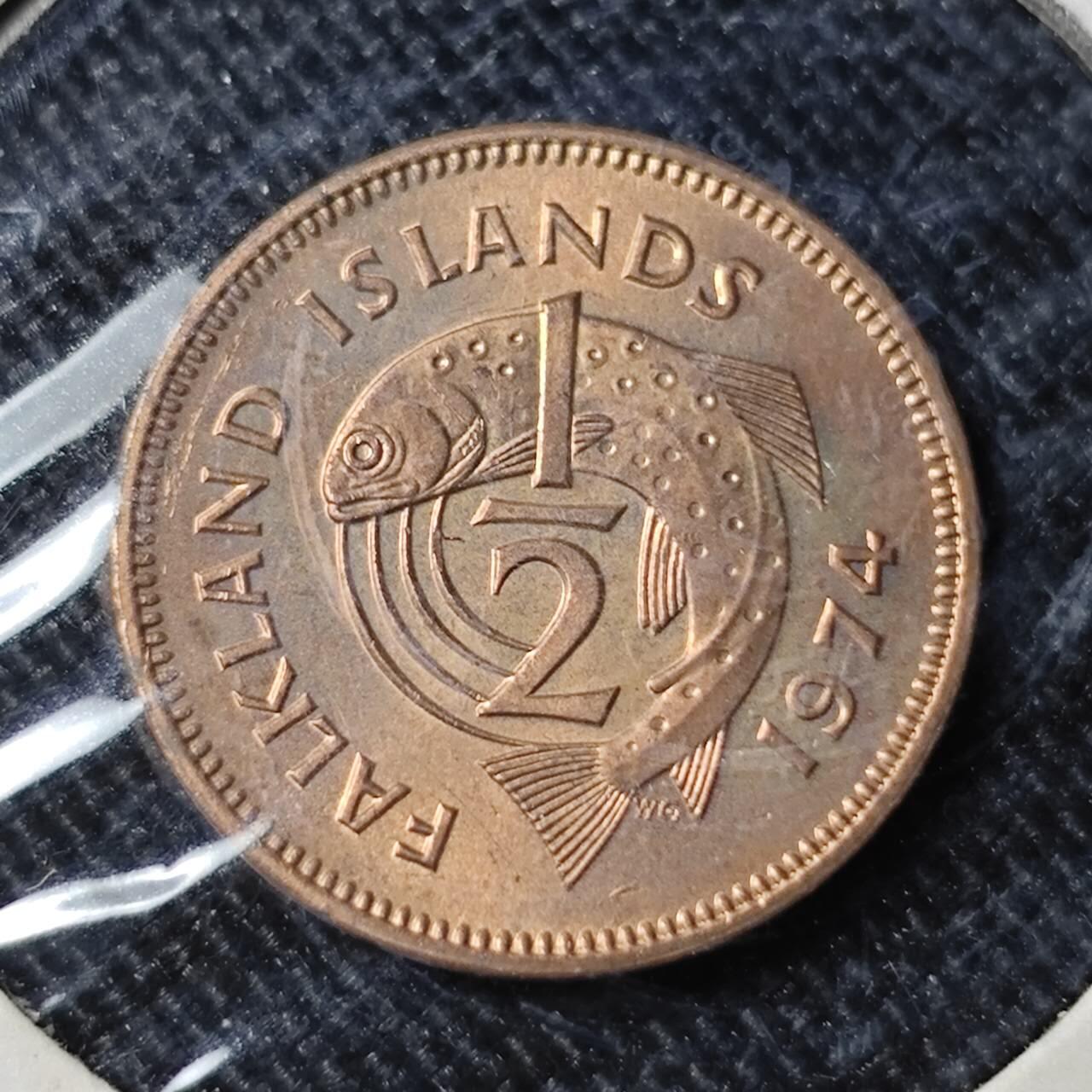 KK钱币收藏小铺   套币 批量/好品散币专场 2月预留时间 周末发货  1974福克兰群岛1/2便士铜币 好品