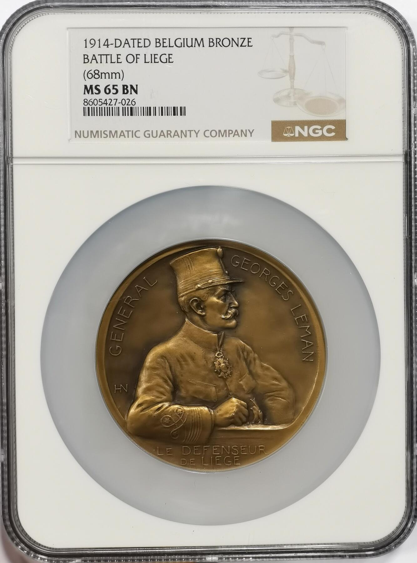 博洋堂世界钱币拍卖第163期（全场包邮） NGC MS65BN 比利时1914年列日战役纪念大铜章，正面为列日要塞指挥官乔治·勒曼将军