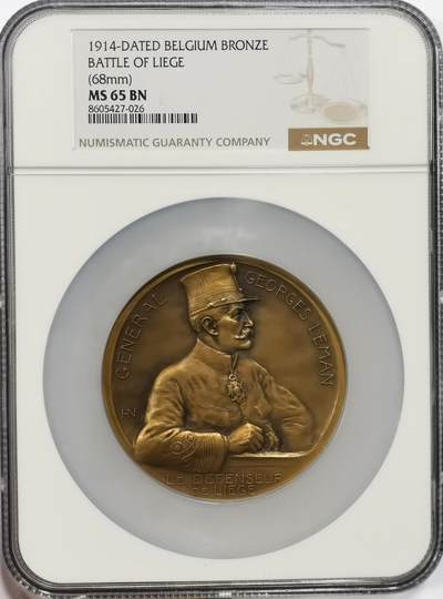 博洋堂世界钱币拍卖第163期（全场包邮） - NGC MS65BN 比利时1914年列日战役纪念大铜章，正面为列日要塞指挥官乔治·勒曼将军