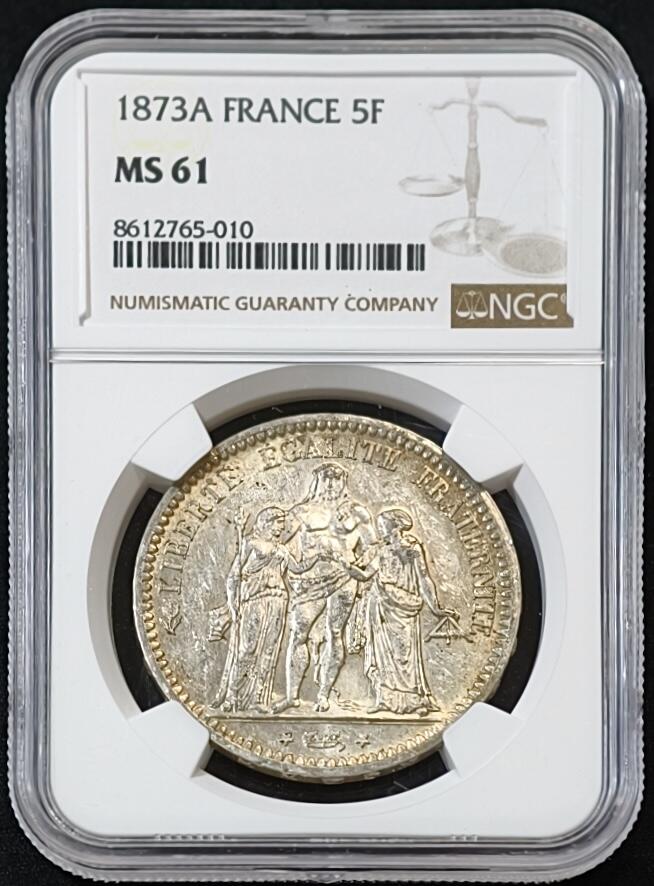 甄臻铺-世界币章拍卖（第53期），甄品场拍品征集中，送拍享返佣金等优惠多多 NGC-MS61 法国1873A 5法郎大力神银币