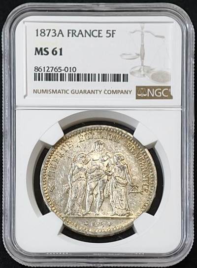 甄臻铺-世界币章拍卖（第53期），甄品场拍品征集中，送拍享返佣金等优惠多多 - NGC-MS61 法国1873A 5法郎大力神银币
