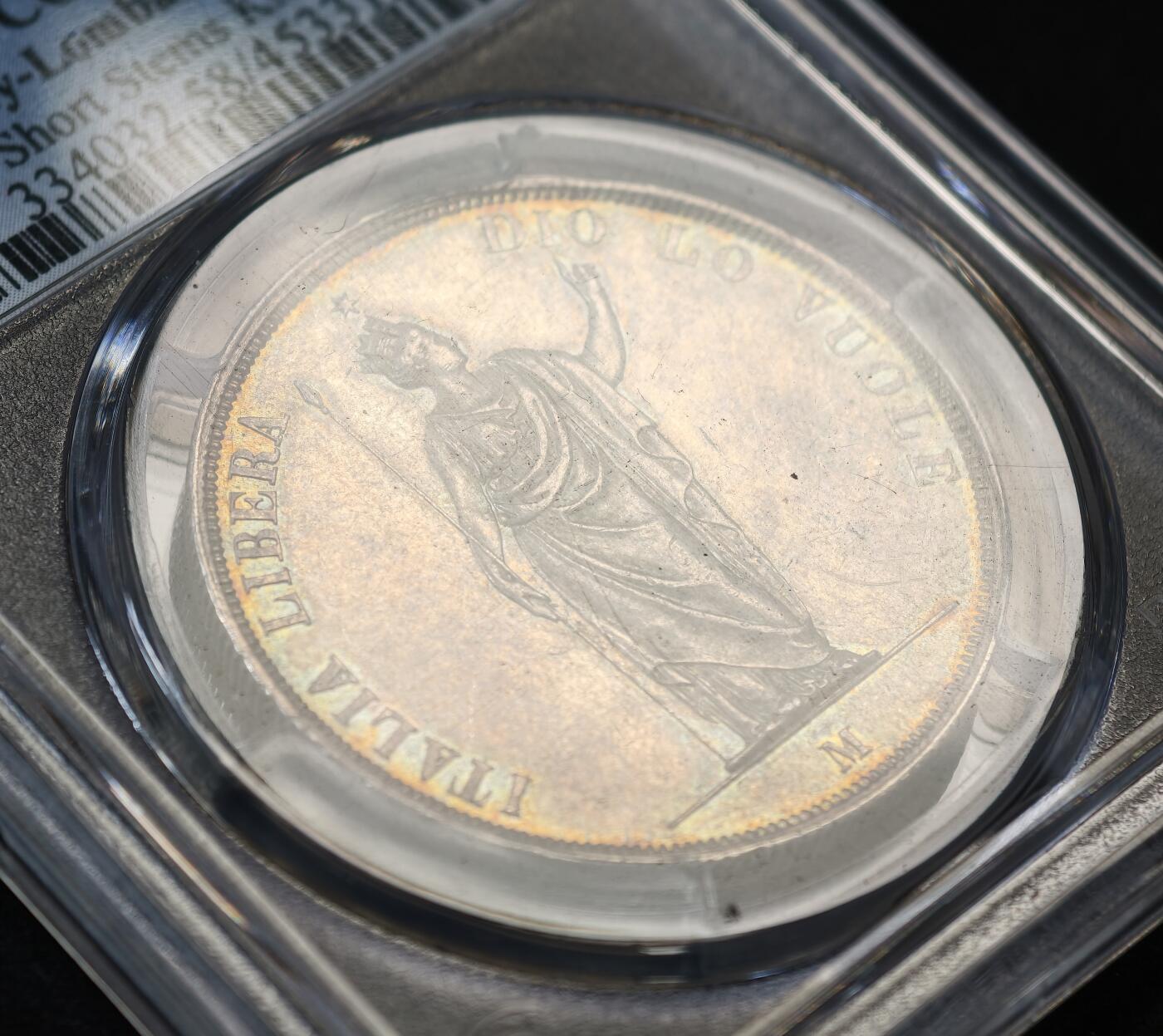 甄臻铺-世界币章拍卖（第53期），甄品场拍品征集中，送拍享返佣金等优惠多多 PCGS-AU58 1848年意大利伦巴第革命政府5里拉大银，正反面淡金色包浆，格外养眼