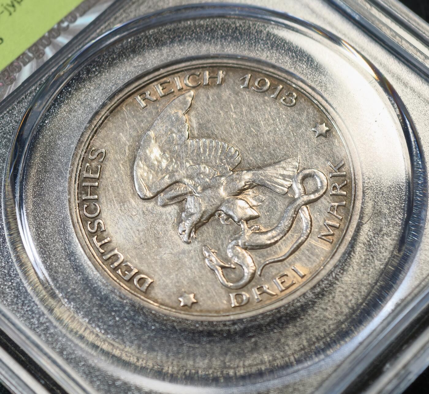 甄臻铺-世界币章拍卖（第53期），甄品场拍品征集中，送拍享返佣金等优惠多多 公博-AU58 德国普鲁士1913 战胜拿破仑100周年 3马克 银币 16.6g