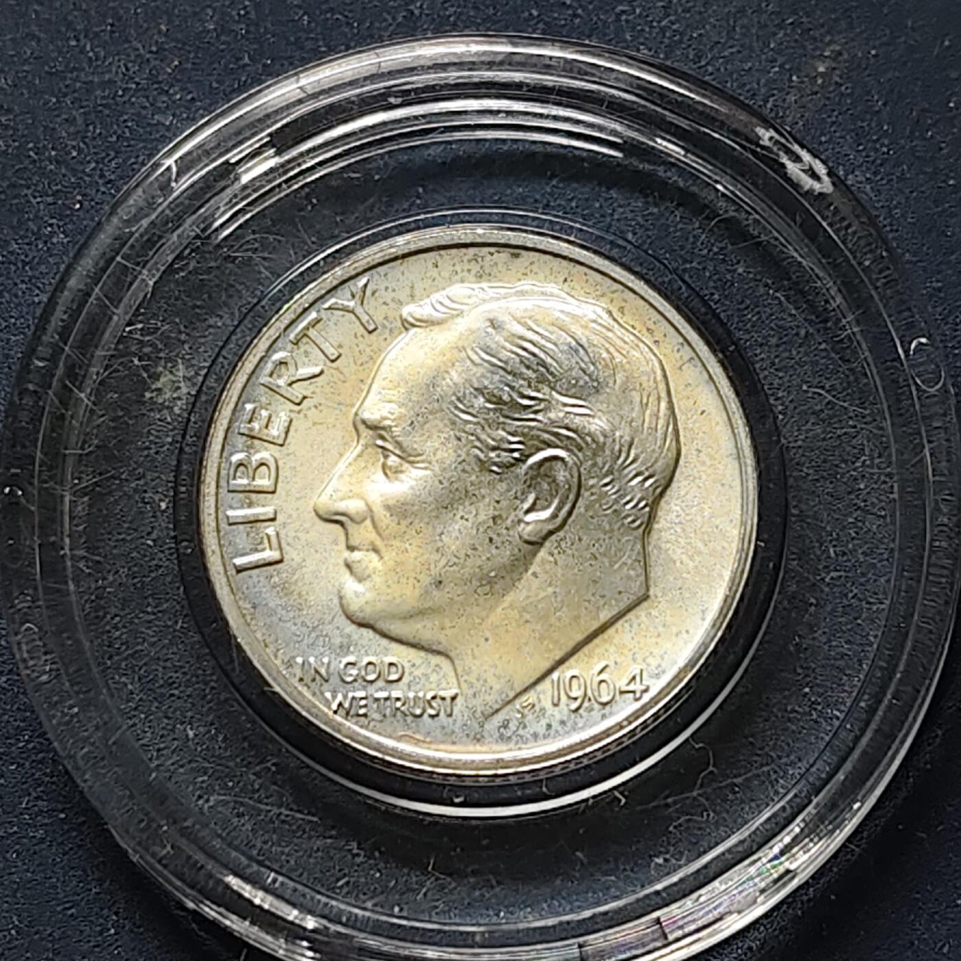 【全场包邮】纯粹捡漏拍508场 美国1964年罗斯福10分银币【17.9毫米2.5克90%】