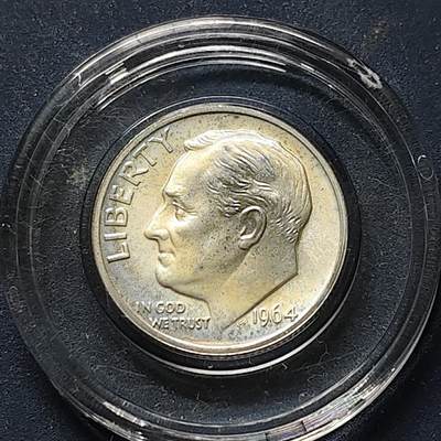 【全场包邮】纯粹捡漏拍508场 - 美国1964年罗斯福10分银币【17.9毫米2.5克90%】