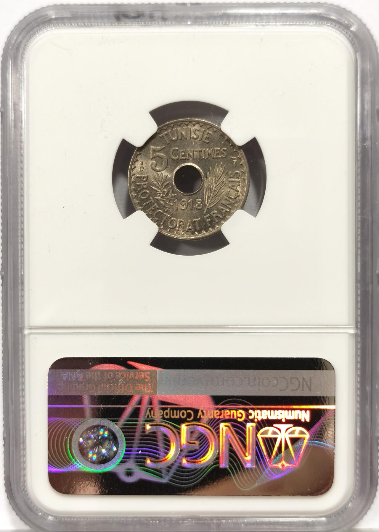 博洋堂世界钱币拍卖第163期（全场包邮） NGC MS64 法属突尼斯1918年5分，下方有小裂