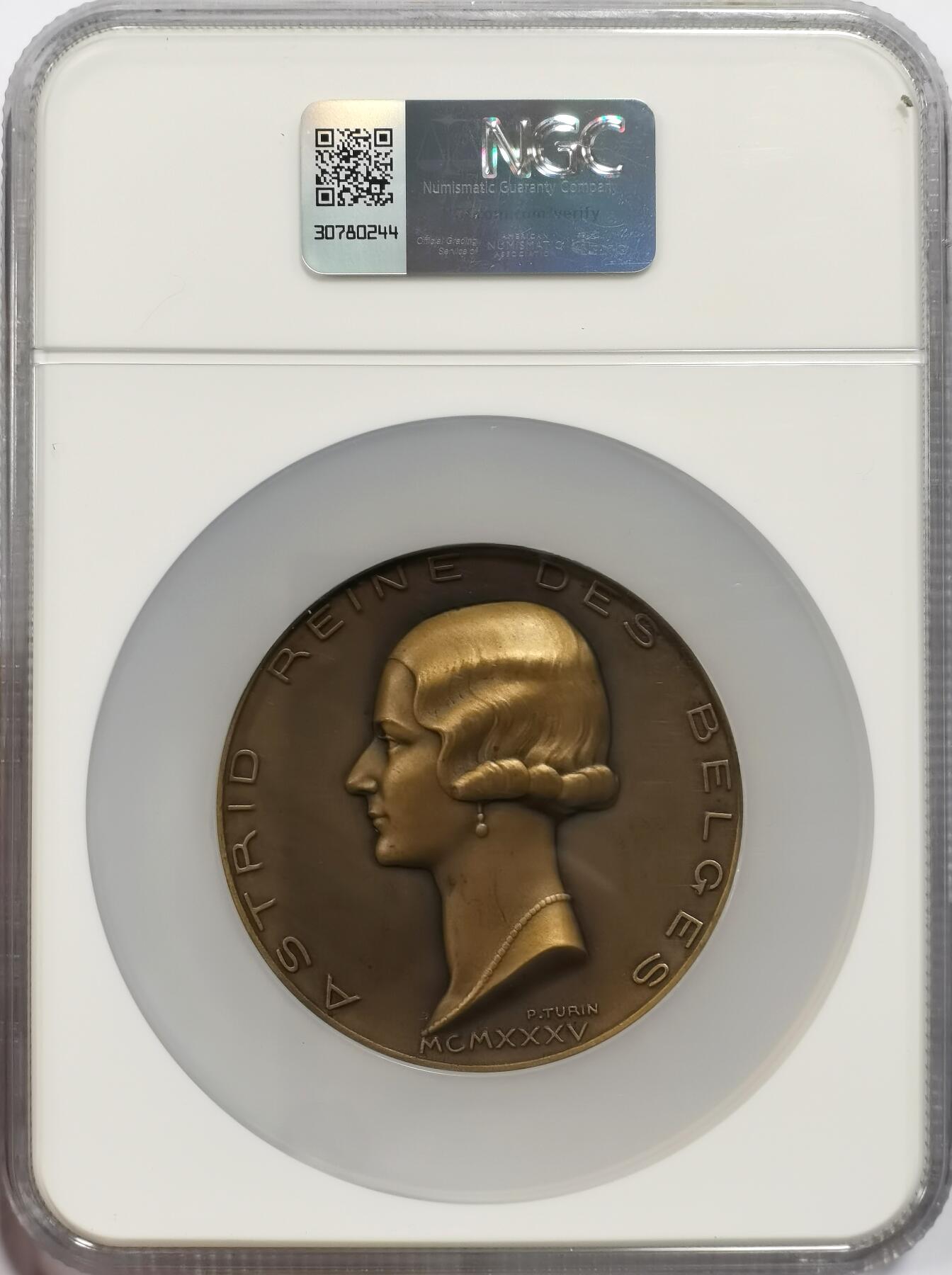 博洋堂世界钱币拍卖第163期（全场包邮） NGC MS65BN 比利时1935年王后阿斯特丽德逝世纪念大铜章，她是比利时国王利奥波德三世的妻子，于1934年12月29日在瑞士的一次车祸中不幸去世，年仅29岁