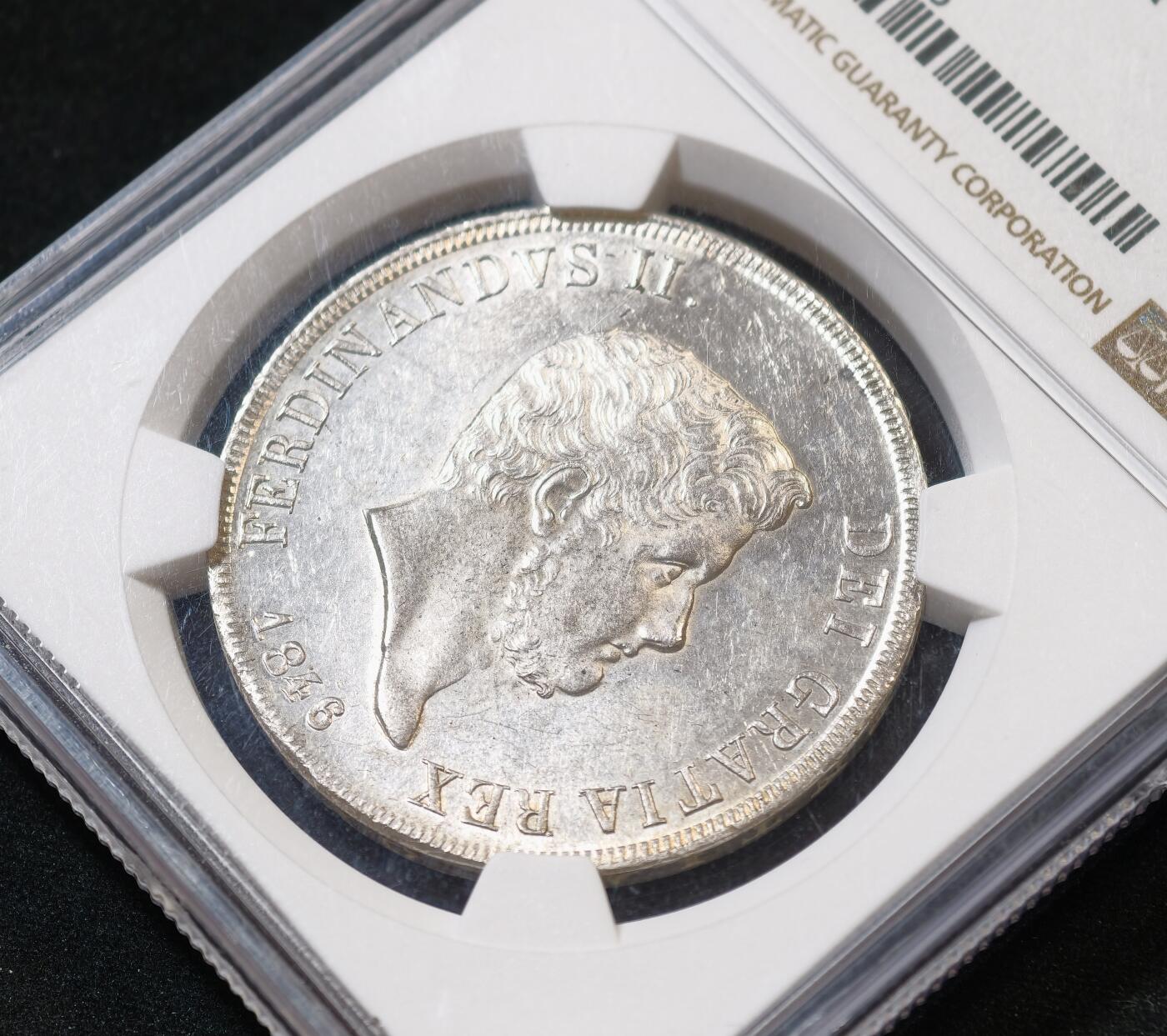 甄臻铺-世界币章拍卖（第53期），甄品场拍品征集中，送拍享返佣金等优惠多多 NGC-MS62 1846年意大利那不勒斯青年头120G大银，稀少青年头像，NGC季军分，币面拉丝机铸纹清晰可见，低评分数