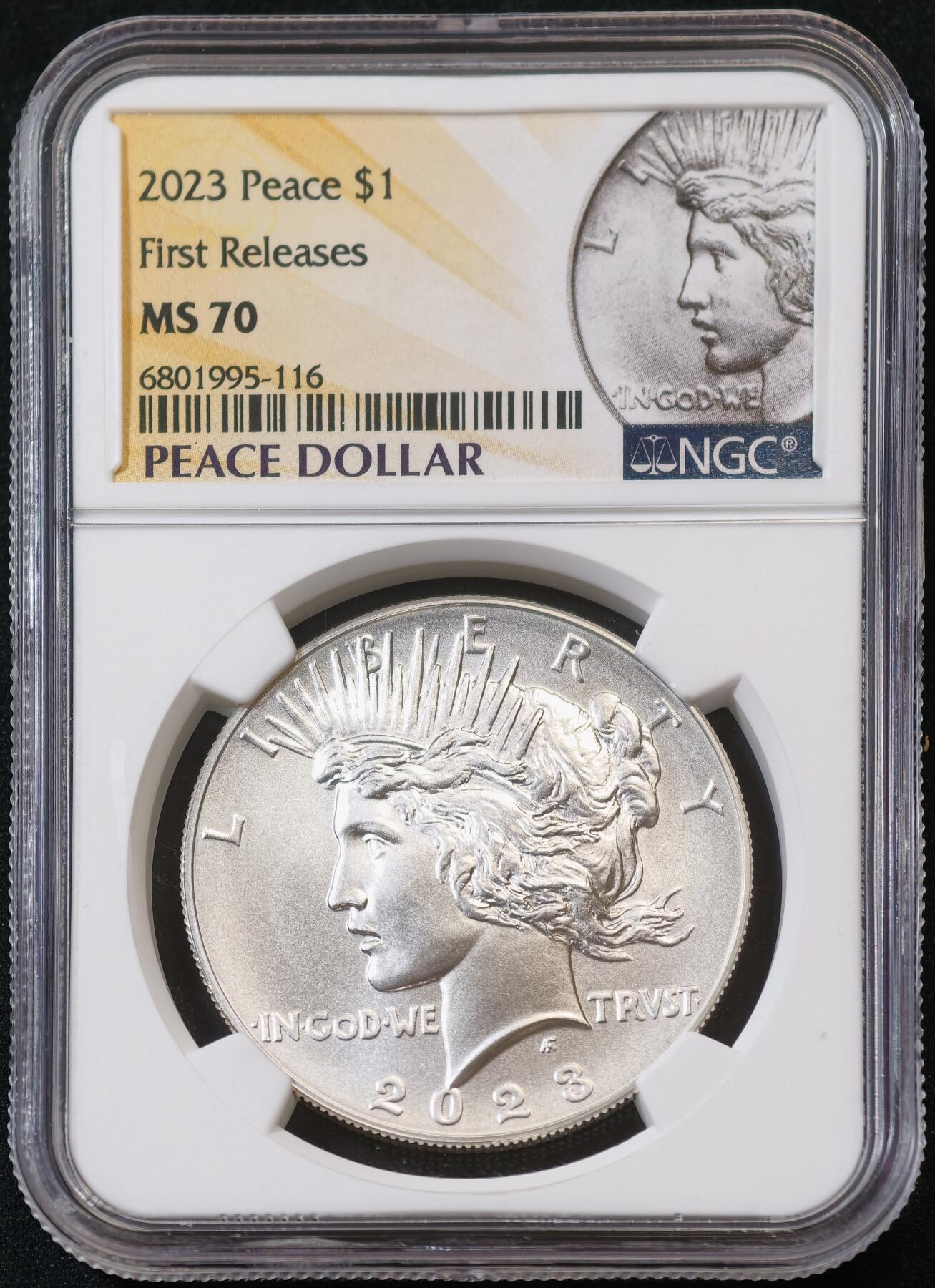 甄臻铺-世界币章拍卖（第53期），甄品场拍品征集中，送拍享返佣金等优惠多多 NGC-MS70 美国2023年和平银元 首发版 满分评级 投资收藏两相宜