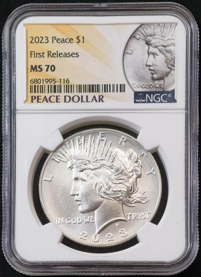 甄臻铺-世界币章拍卖（第53期），甄品场拍品征集中，送拍享返佣金等优惠多多 - NGC-MS70 美国2023年和平银元 首发版 满分评级 投资收藏两相宜