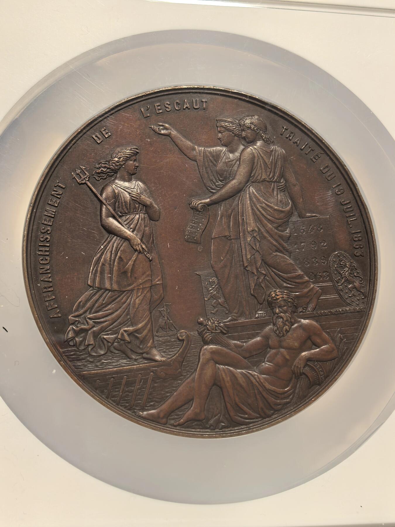 博洋堂世界钱币拍卖第163期（全场包邮） NGC MS62BN 比利时1863年埃斯科河的解放纪念大铜章，1863年比利时通过条约从荷兰收回了安特卫普港的主权，实现了埃斯科河的自由通航，“解放”了这一战略要地