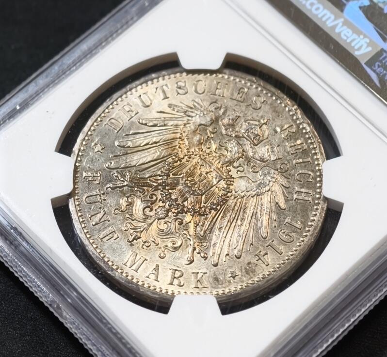 甄臻铺-世界币章拍卖（第53期），甄品场拍品征集中，送拍享返佣金等优惠多多 NGC-MS62 德国普鲁士1914年威廉二世军装5马克银币 双面黄油彩