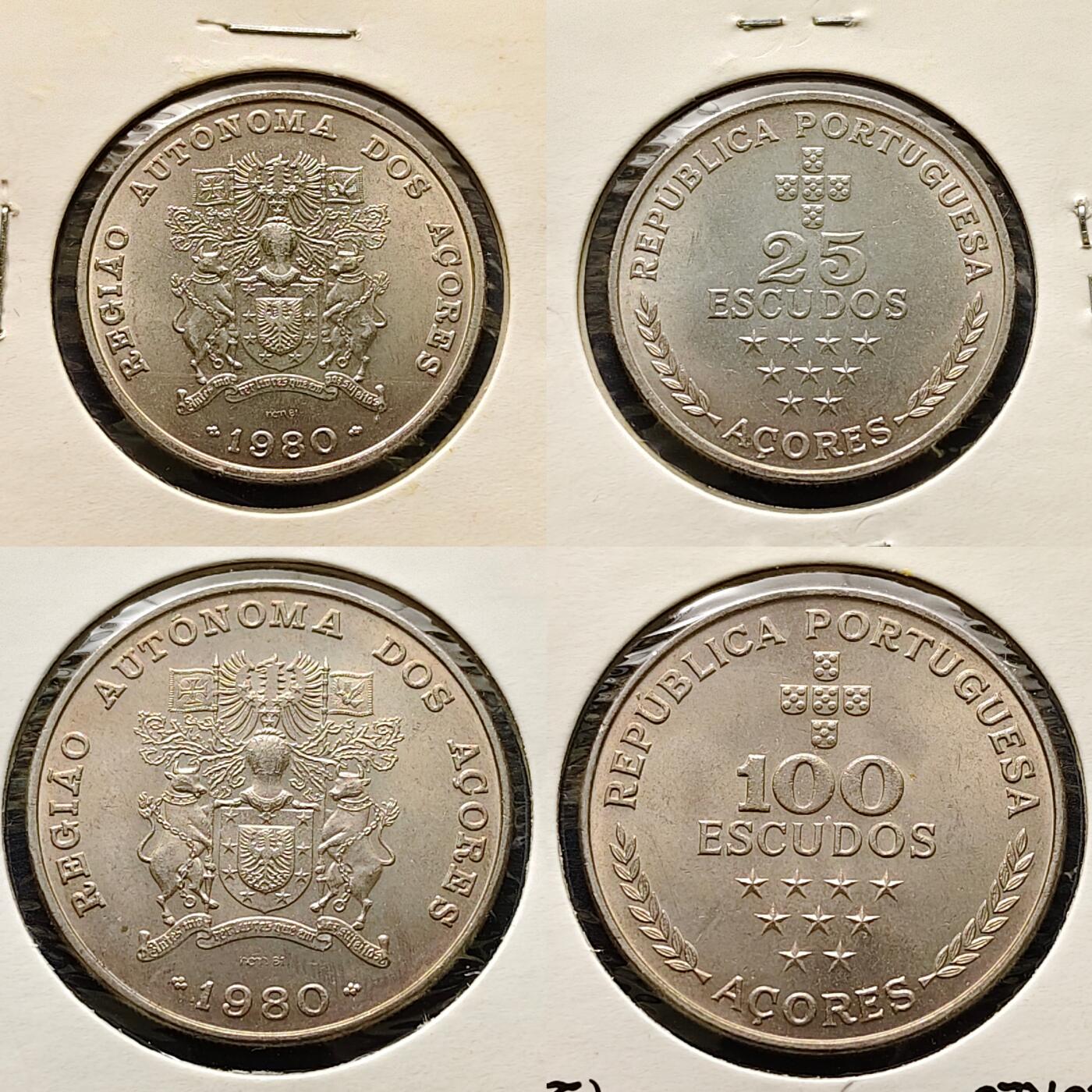 【全场包邮】纯粹捡漏拍508场 葡萄牙1980年25/100埃斯库多亚速尔群岛区域自治纪念币2枚全套