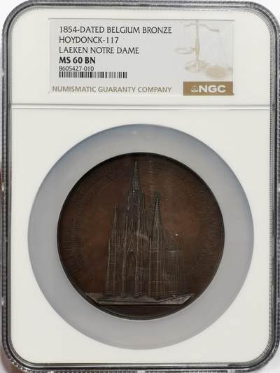 博洋堂世界钱币拍卖第163期（全场包邮） - NGC MS60BN 比利时1854年拉肯圣母院纪念大铜章，拉肯圣母院是位于比利时布鲁塞尔的一座著名哥特复兴式教堂，也是比利时王室的官方教堂