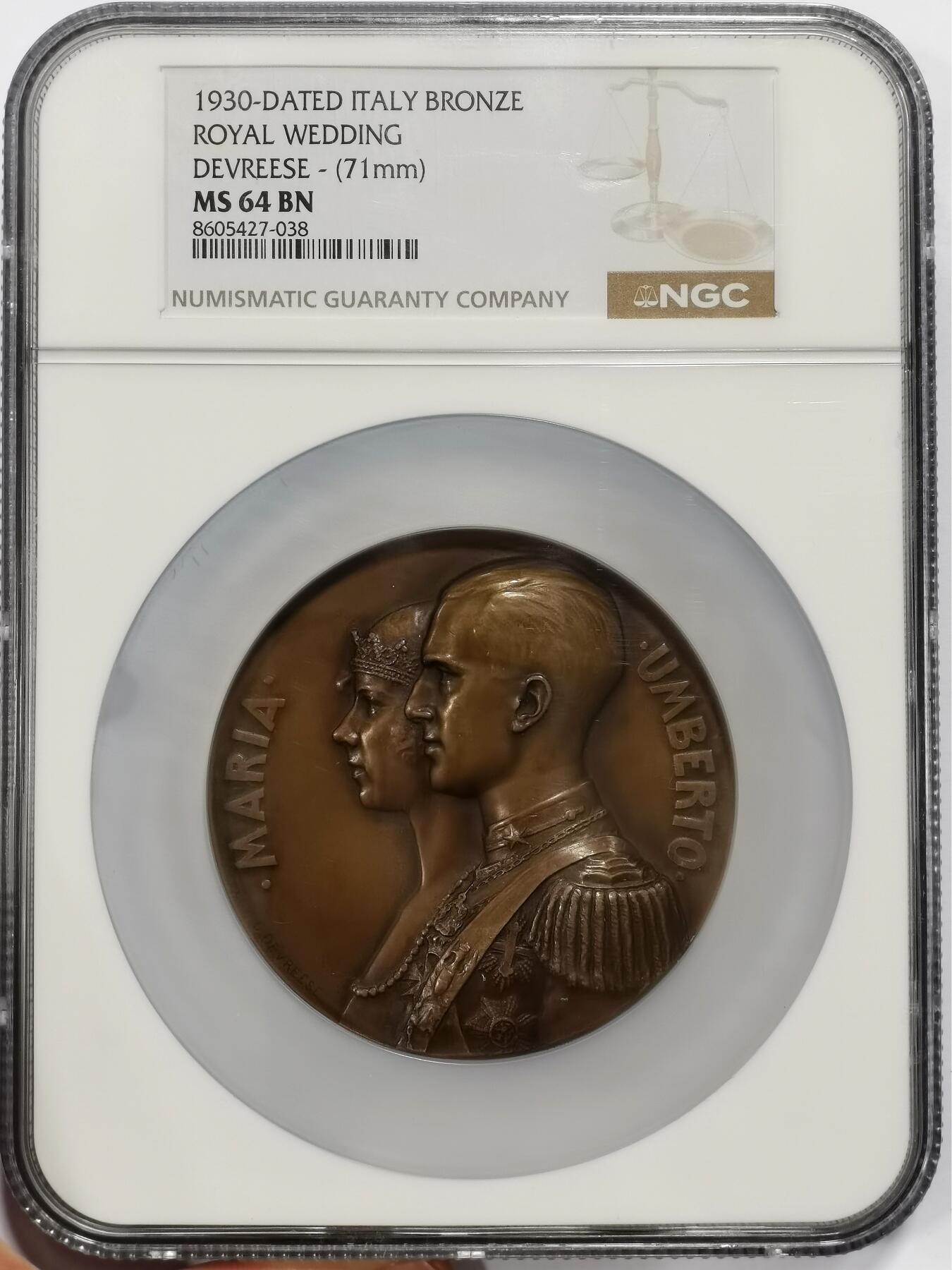 博洋堂世界钱币拍卖第163期（全场包邮） NGC MS64BN 意大利1930年皇家婚礼纪念大铜章，1930年10月26日，意大利国王维托里奥·埃马努埃莱三世（Vittorio Emanuele III）与南斯拉夫公主玛丽亚·何塞（Maria José）的婚礼