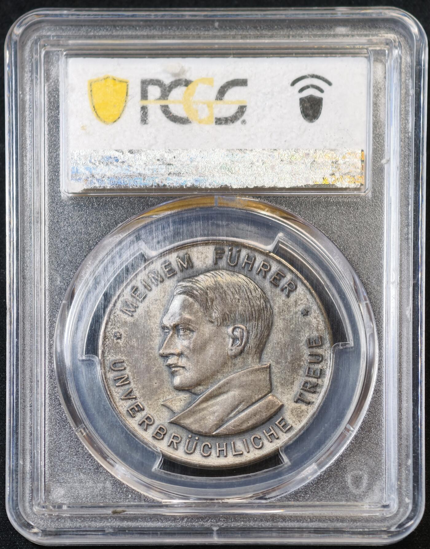 甄臻铺-世界币章拍卖（第53期），甄品场拍品征集中，送拍享返佣金等优惠多多 PCGS-SP62 1934年德意志第三帝国元首题词“牢不可破的忠诚”镀银纪念样章，镀银样章，非常稀少