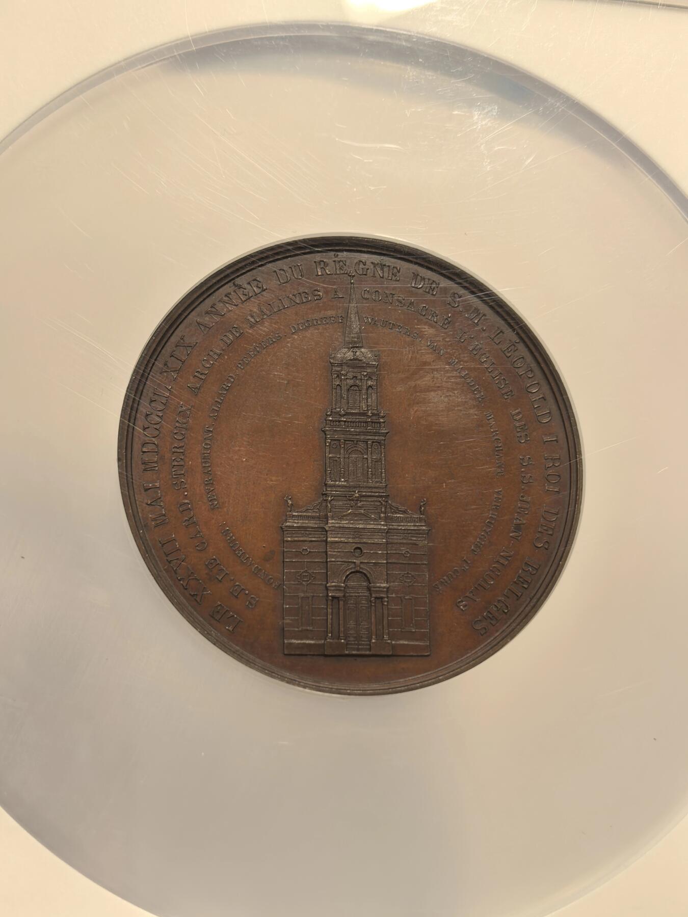 博洋堂世界钱币拍卖第163期（全场包邮） NGC MS61BN 比利时1850年圣尼古拉斯教堂钟声祝福仪式纪念大铜章