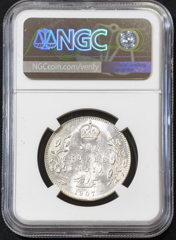甄臻铺-世界币章拍卖（第53期），甄品场拍品征集中，送拍享返佣金等优惠多多 NGC-MS61 1907年英属印度爱德华七世卢比，MC的爱七卢比非常少见，麦稀奇几乎没有记录