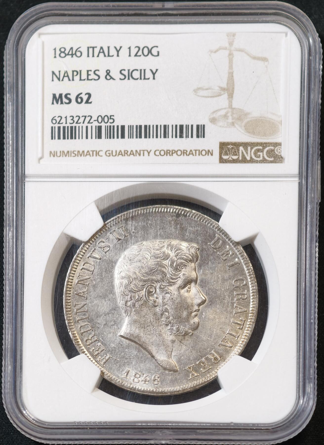 甄臻铺-世界币章拍卖（第53期），甄品场拍品征集中，送拍享返佣金等优惠多多 NGC-MS62 1846年意大利那不勒斯青年头120G大银，稀少青年头像，NGC季军分，币面拉丝机铸纹清晰可见，低评分数