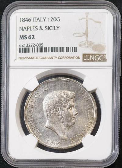 甄臻铺-世界币章拍卖（第53期），甄品场拍品征集中，送拍享返佣金等优惠多多 - NGC-MS62 1846年意大利那不勒斯青年头120G大银，稀少青年头像，NGC季军分，币面拉丝机铸纹清晰可见，低评分数