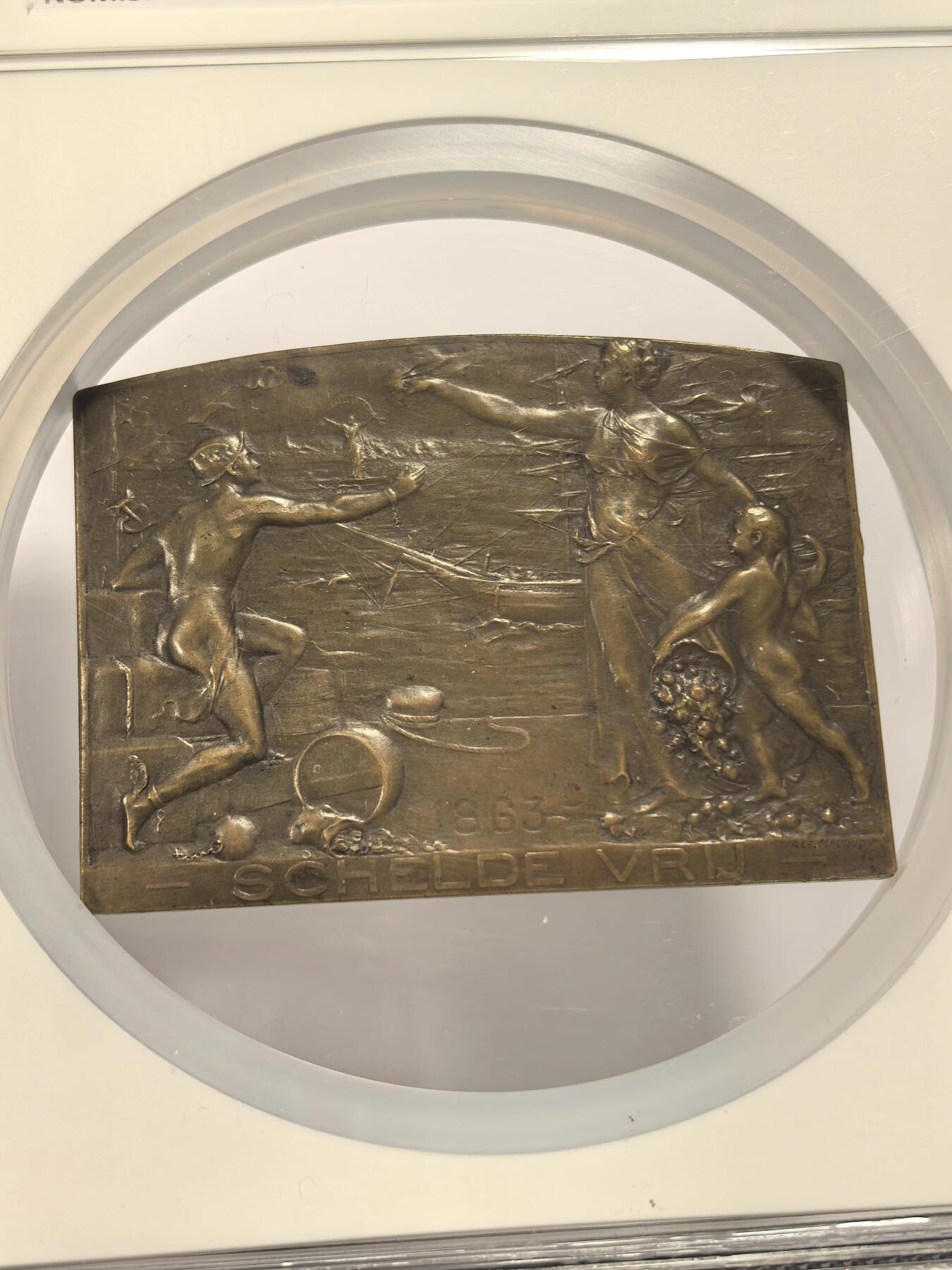 博洋堂世界钱币拍卖第163期（全场包邮） NGC MS62BN 比利时1913年斯海尔德河航运开通50周年纪念大铜章