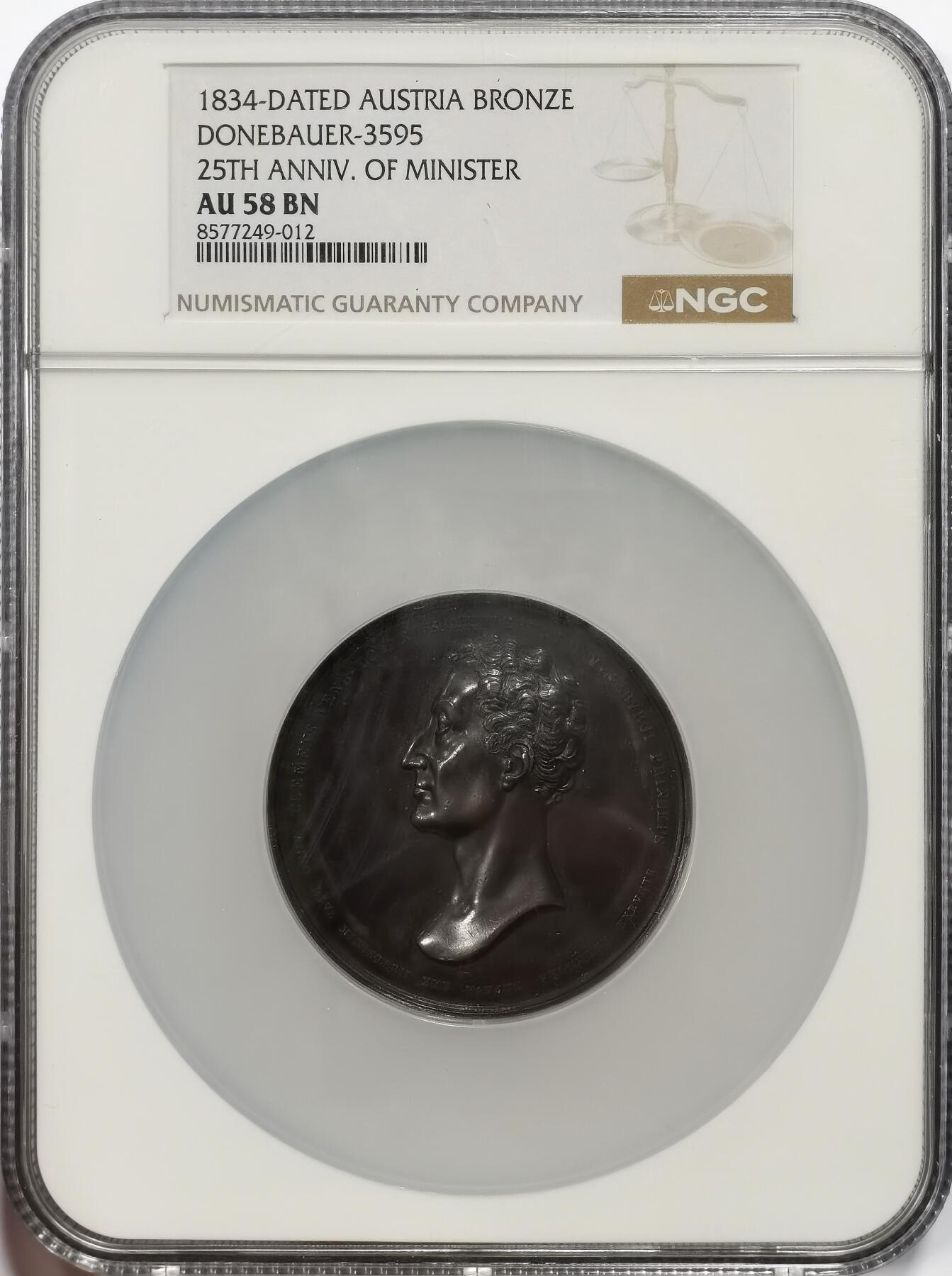 博洋堂世界钱币拍卖第163期（全场包邮） NGC AU58BN 奥地利1834年著名外交家克莱门斯·冯·梅特涅担任部长职务25周年纪念铜章