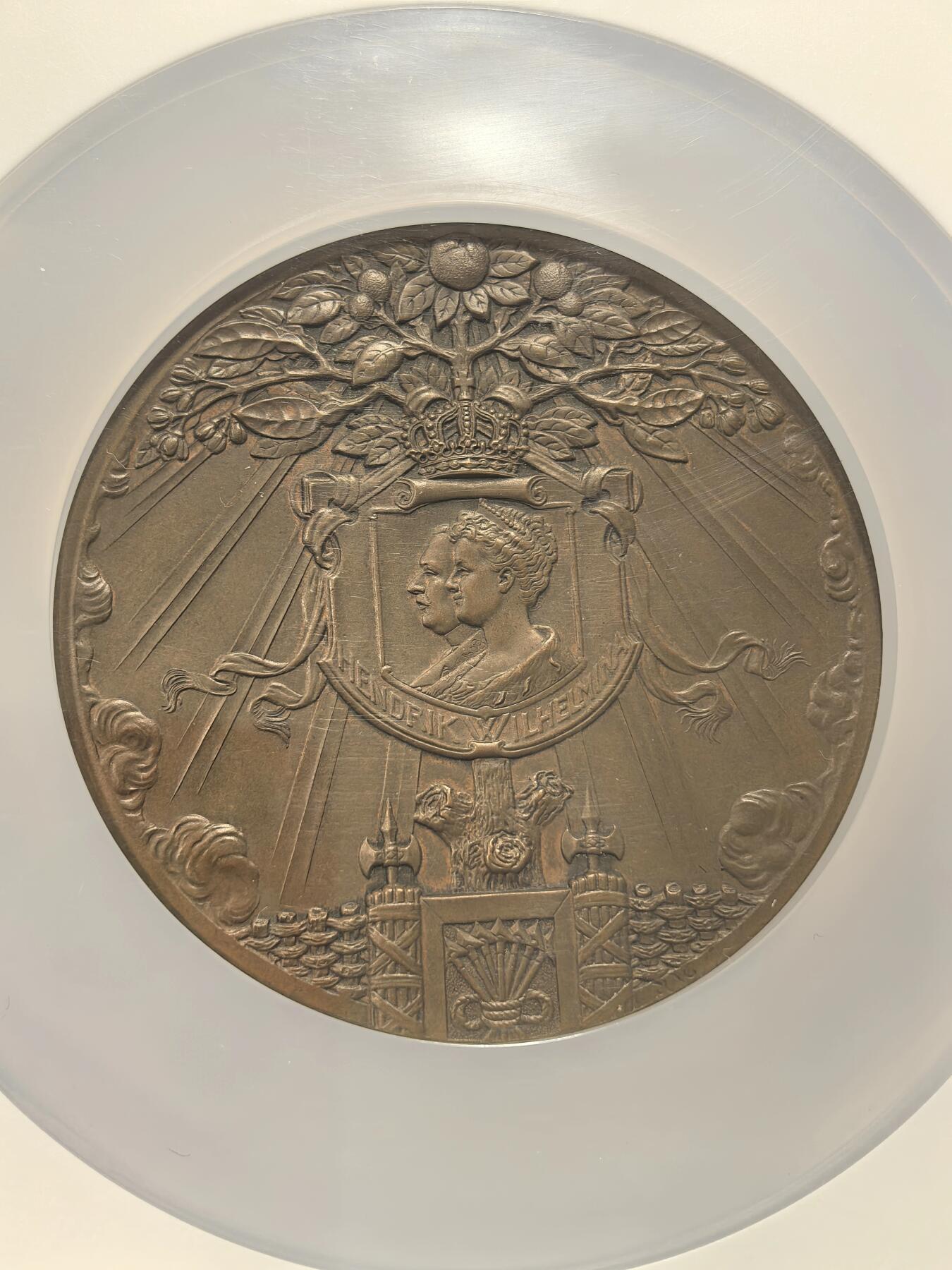 博洋堂世界钱币拍卖第163期（全场包邮） NGC MS63BN 荷兰1909年朱莉安娜女王诞生纪念大铜章，典型新艺术风格