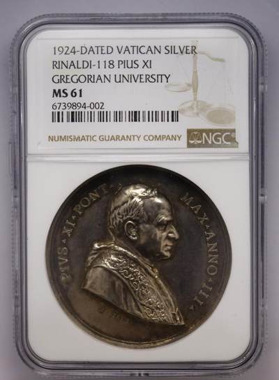 观钱近现代机制币拍卖No.002  - 梵蒂冈1924 年梵蒂冈格列高利大学纪念银章 NGC MS61