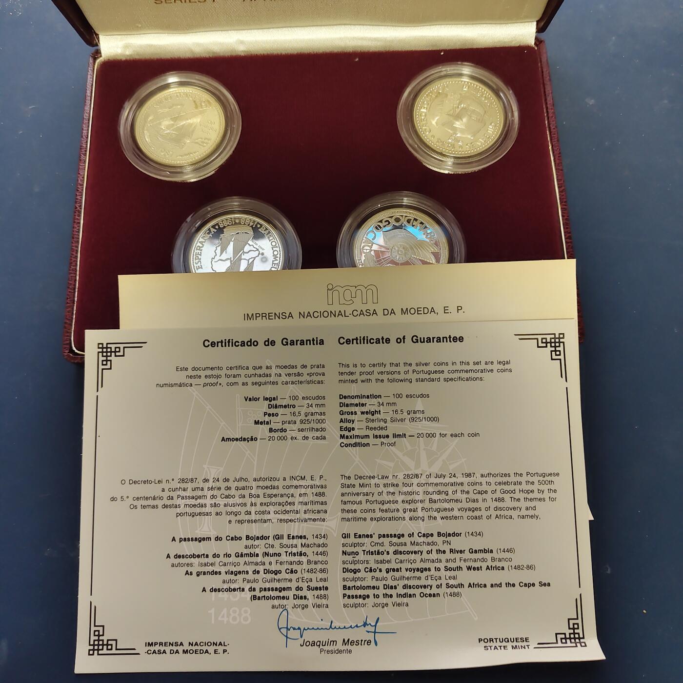 【全场包邮】纯粹捡漏拍509场 葡萄牙1987-1988年大航海时代系列第一组精制纪念银币4枚全套银币【34毫米16.5克92.5%X4枚】-盒证全