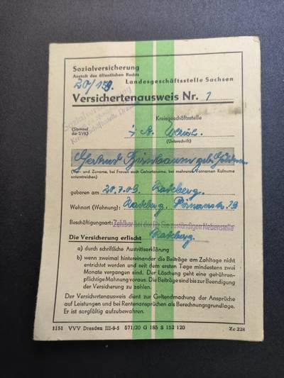 云宸嘉赏-勋臻精藏⭐️年后精品专拍场次🎖 - 民主德国萨克森州社会保险证（编号7）