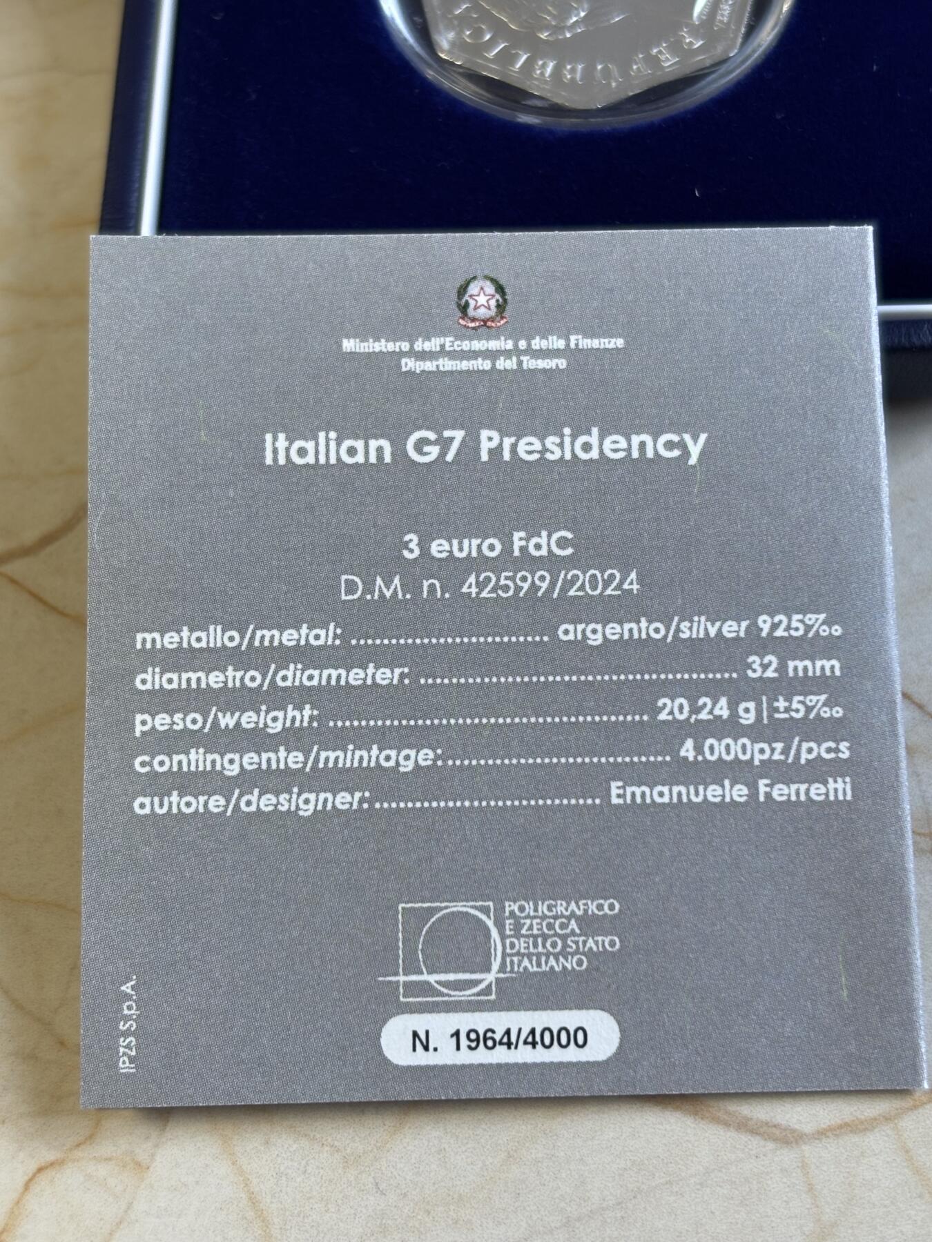 第192期拍卖 意大利2024年七国集团G7首脑峰会主宾国女神银币，925银，20.24克，发行4000枚