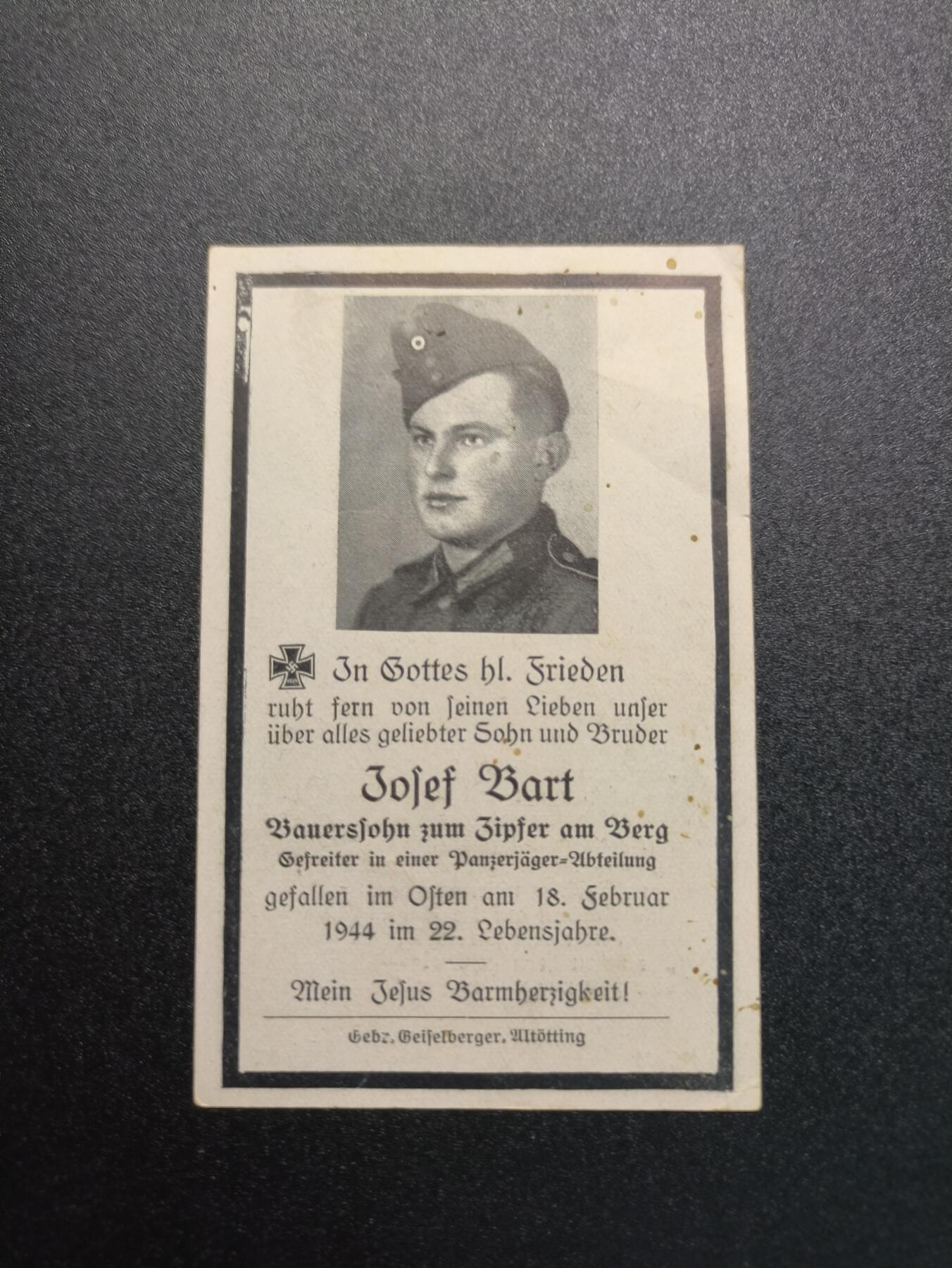 云宸嘉赏-勋臻精藏⭐️年后精品专拍场次🎖 德意志第三帝国国防军反坦克营士兵阵亡卡  1944年东线阵亡