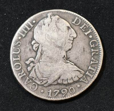 甄臻铺-世界币章拍卖（第53期），甄品场拍品征集中，送拍享返佣金等优惠多多 - 1790年 西属墨西哥 双柱卡洛斯四世过渡版卡三头像FM 8里亚尔 大银币 27.07g 含银量89.6% 原味老包浆，细节见图