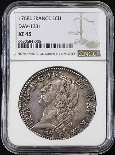 甄臻铺-世界币章拍卖（第53期），甄品场拍品征集中，送拍享返佣金等优惠多多 - NGC-XF45  法国 路易十五 L版 埃居大银币  包浆很漂亮，1768年 这个品种有不容易