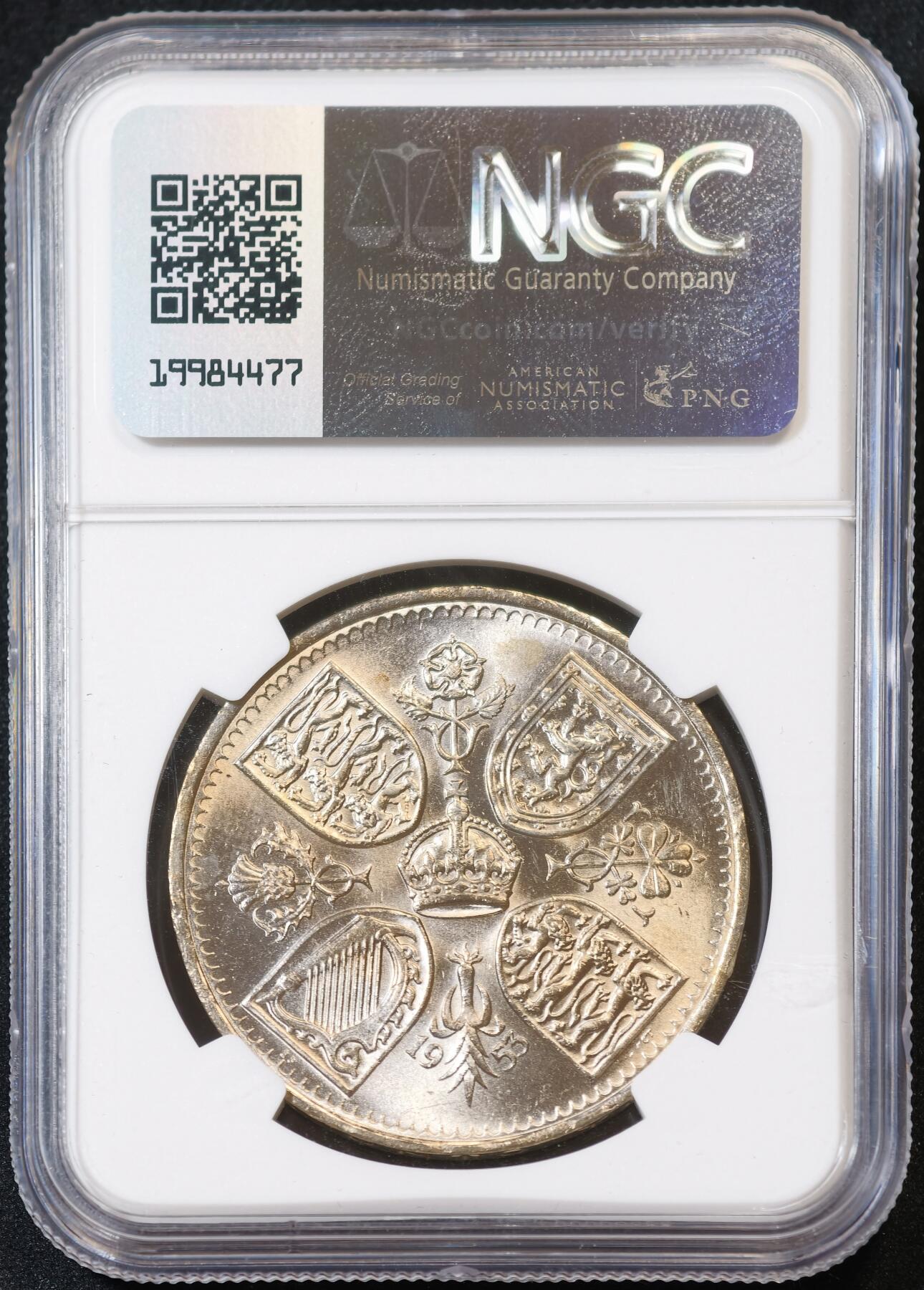 甄臻铺-世界币章拍卖（第53期），甄品场拍品征集中，送拍享返佣金等优惠多多 NGC-MS64 英国1953年加冕克朗银币 原光状态 历史纪念意义浓厚