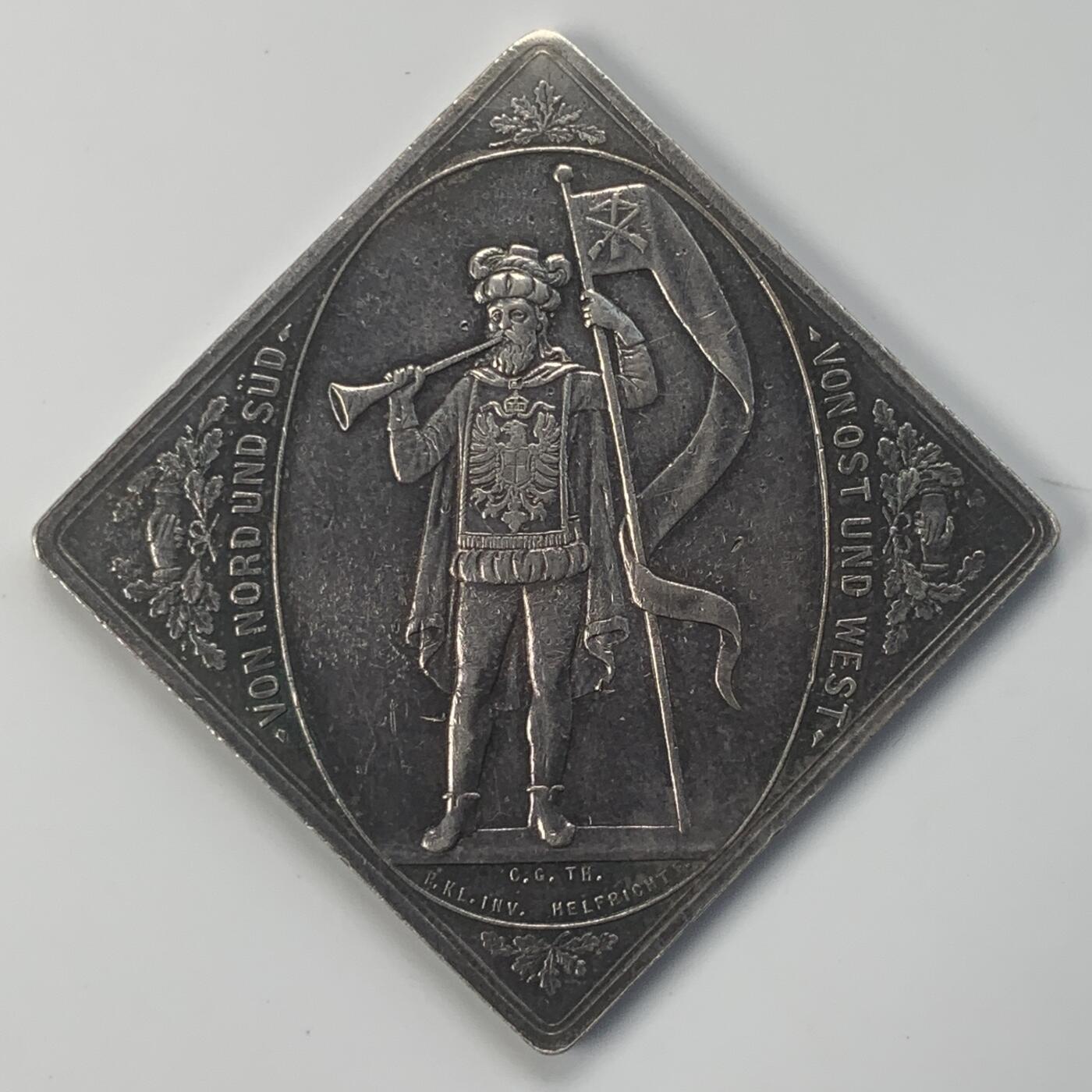 掌中浮雕-藏着的欧洲第053场 1884年德国莱比锡第八届联邦会议菱形银章 ， 对边36mm，27.72g，稀少