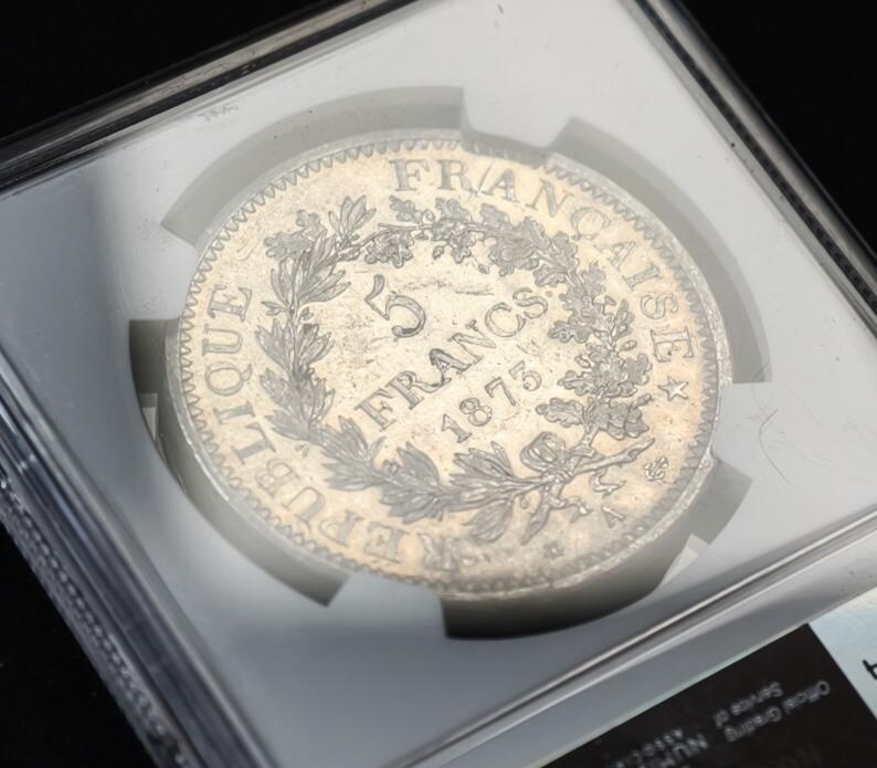 甄臻铺-世界币章拍卖（第53期），甄品场拍品征集中，送拍享返佣金等优惠多多 NGC-MS61 法国1873A 5法郎大力神银币